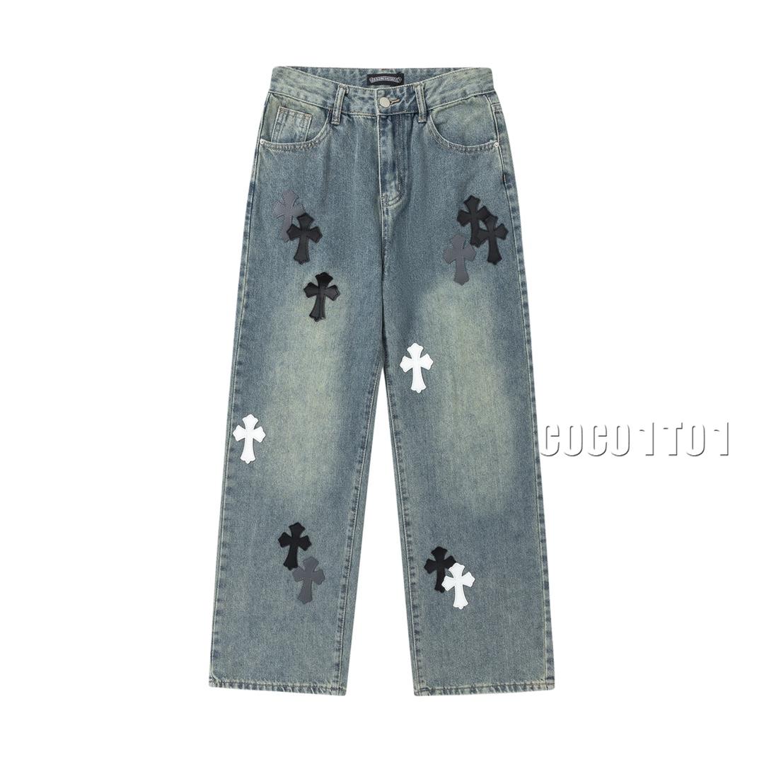 Chrome Hearts Blue Black Patchwork Denim Pants