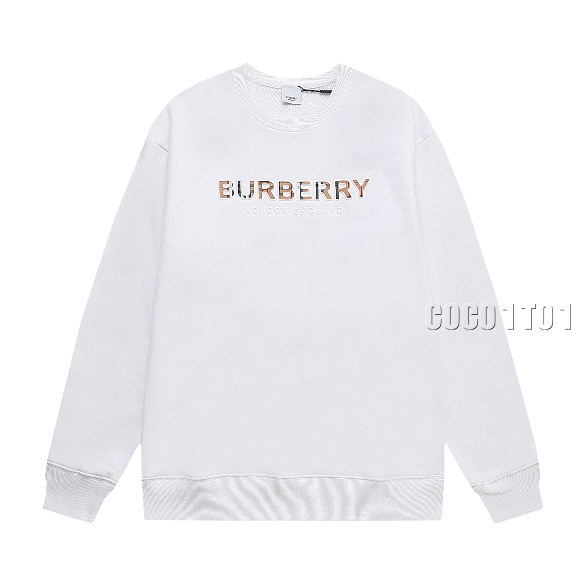 Burberry Textured Check Applique Letter Logo Crewneck Sweatshirt White