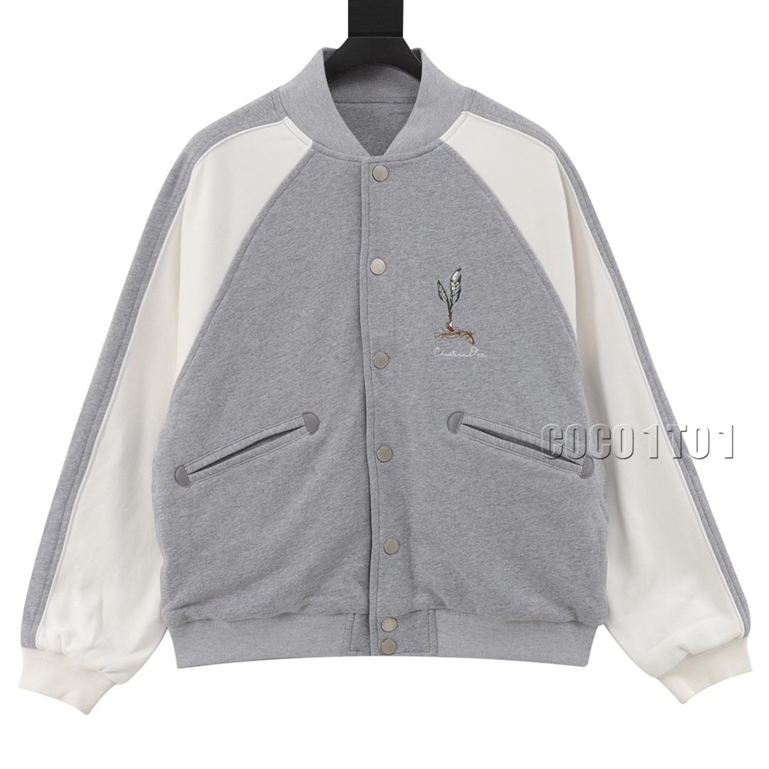 DIOR Lily Embroidery Patchwork Baseball Jacket Gray