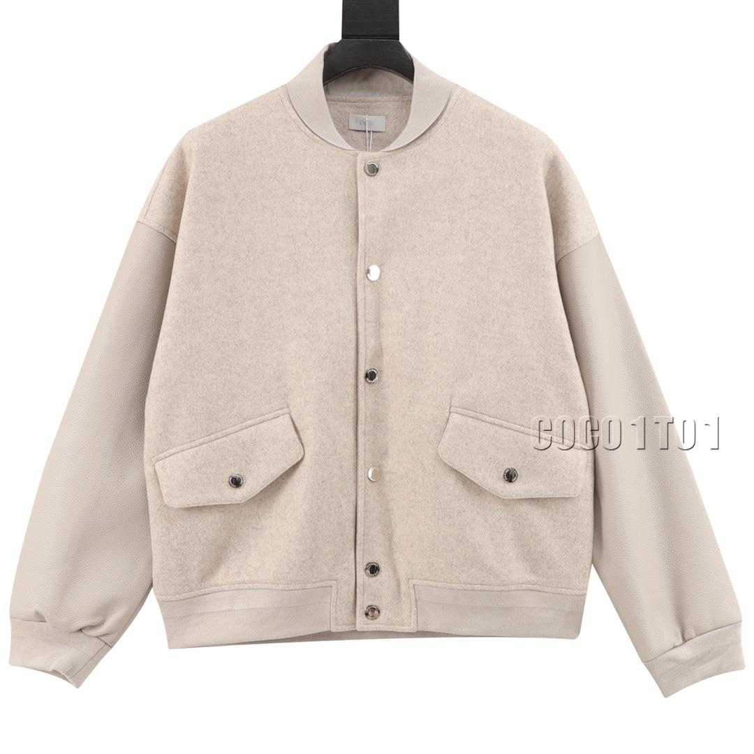 DIOR Back Letter Embroidery Leather Sleeve Baseball Jacket Beige