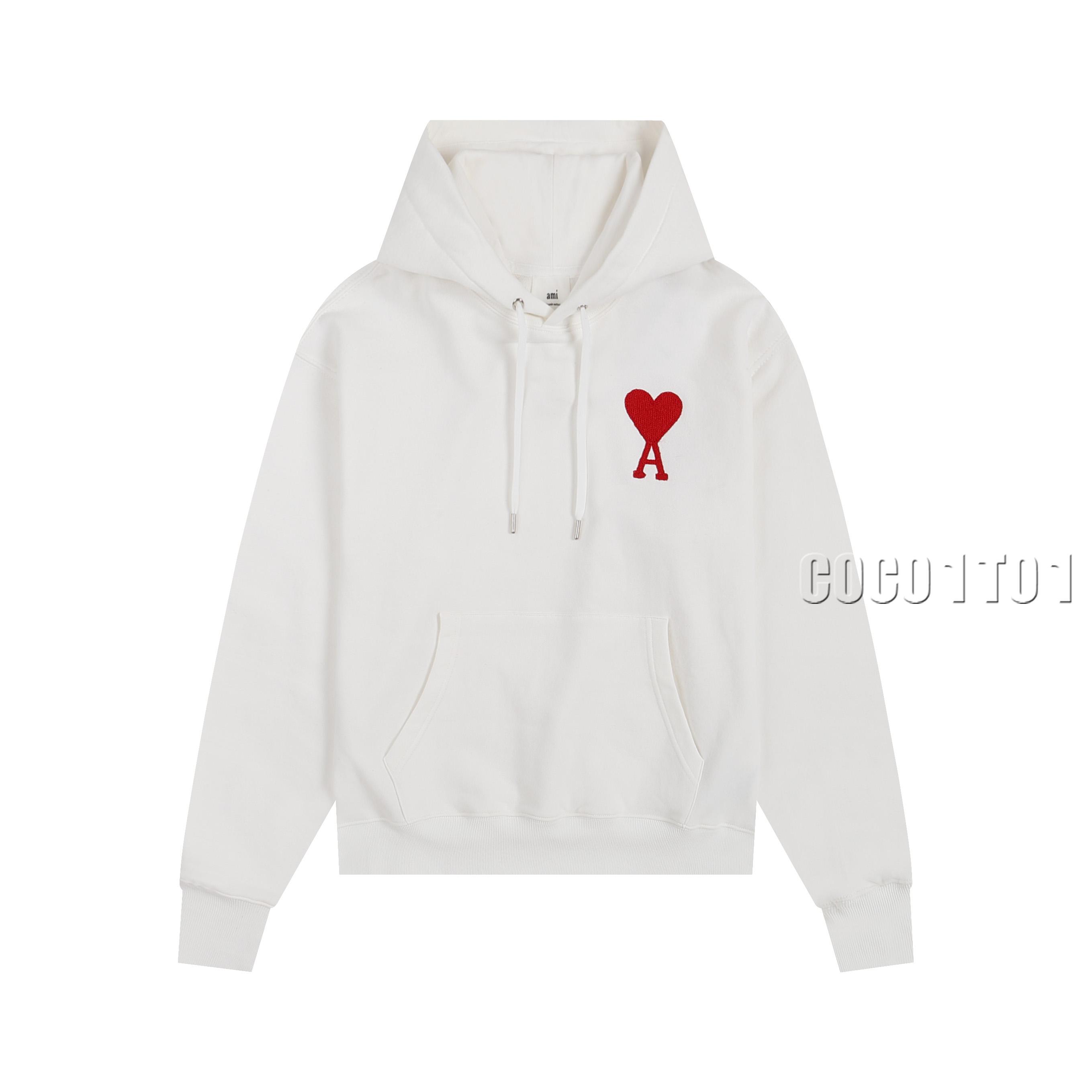 AMI PARIS Classic Towel Embroidery Hoodie in White and Red