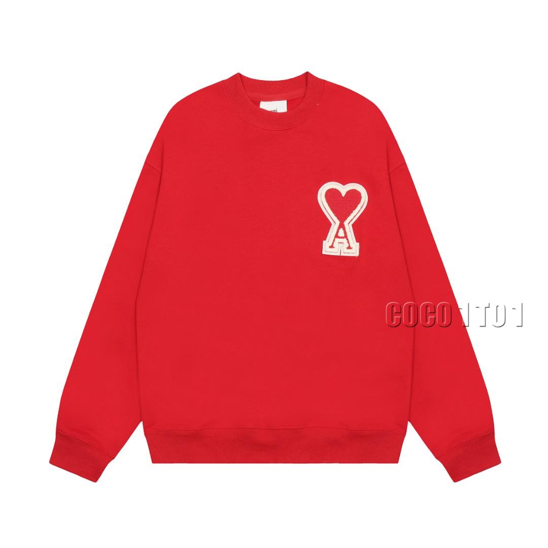 AMI PARIS Macaron Big Heart Embroidery Crewneck Sweatshirt in Red
