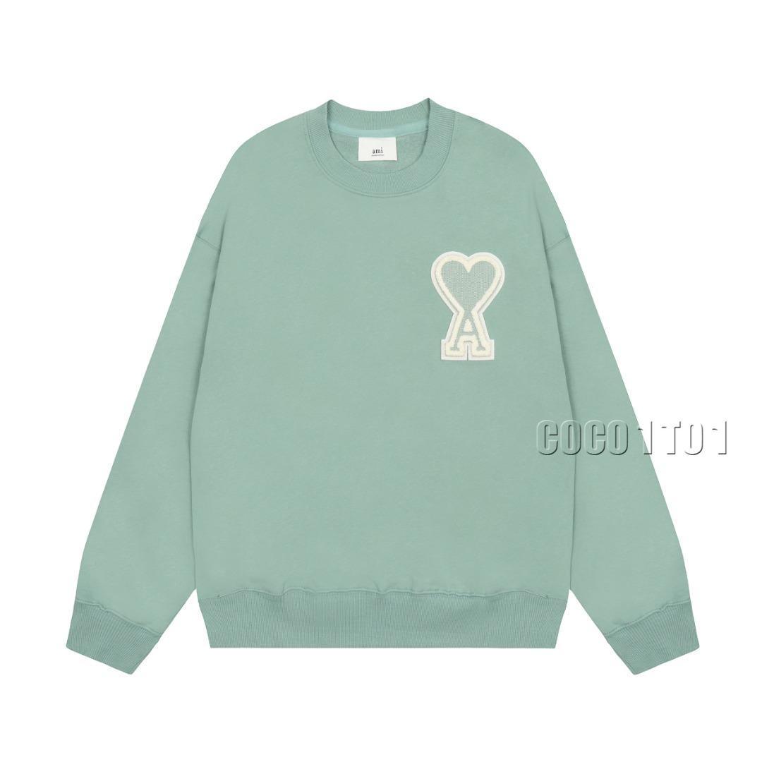 AMI PARIS Macaron Big Heart Embroidery Crewneck Sweatshirt in Avocado Green