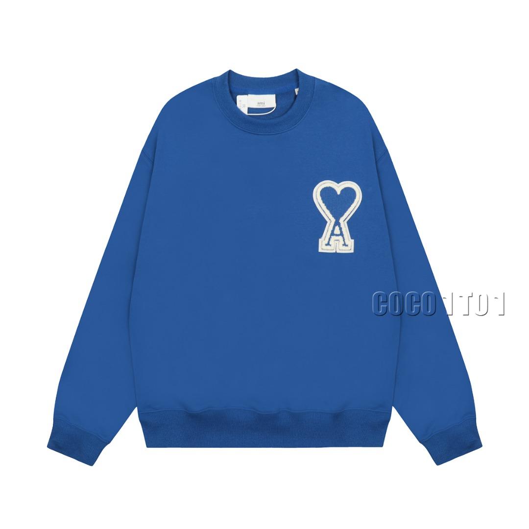 AMI PARIS Macaron Big Heart Embroidery Crewneck Sweatshirt in Bright Blue