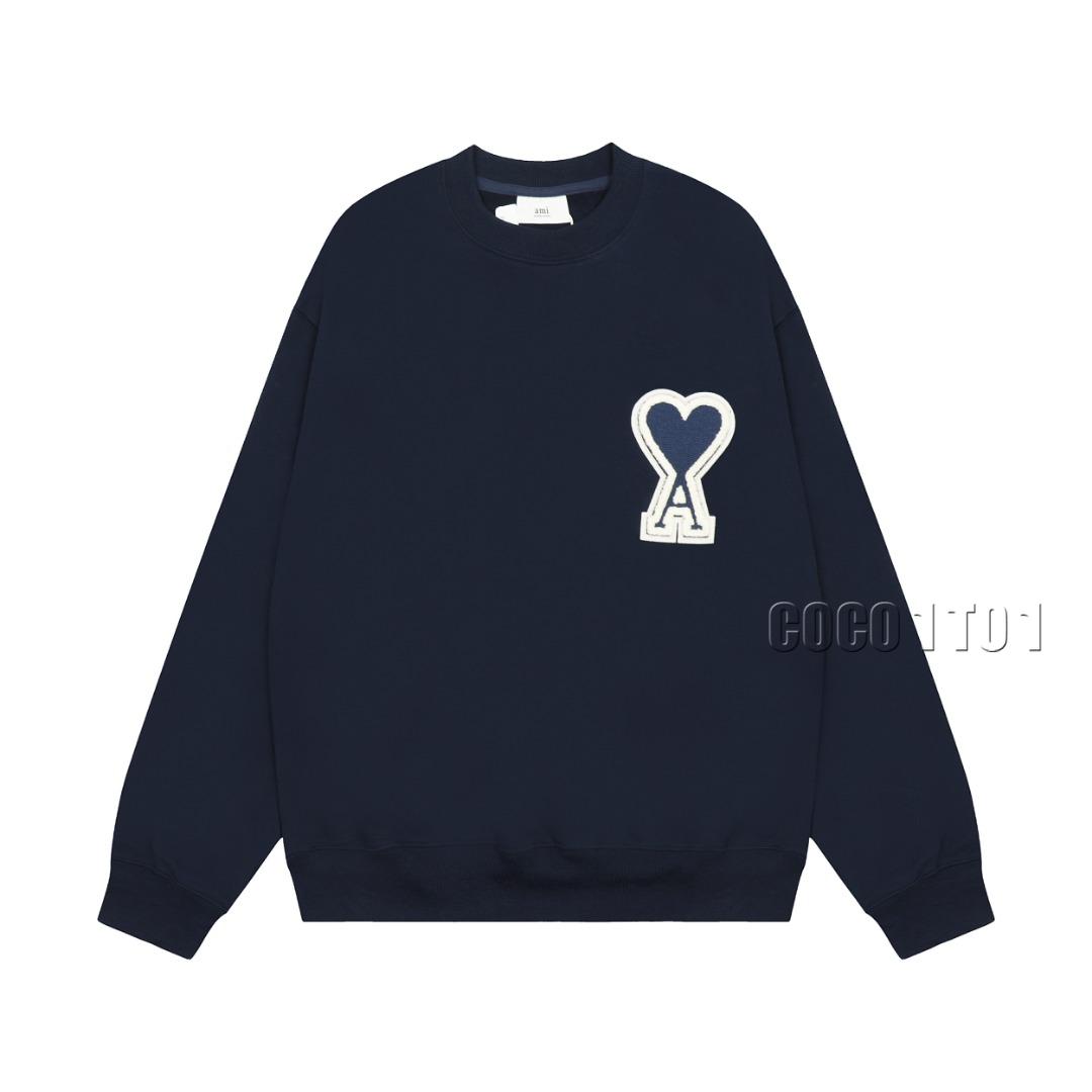 AMI PARIS Macaron Big Heart Embroidery Crewneck Sweatshirt in Navy Blue