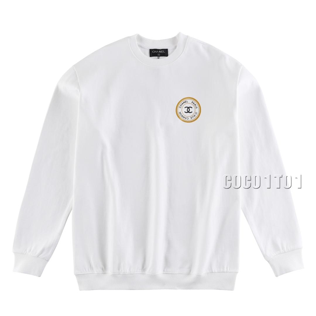CHANEL Small Round Badge Print Crewneck Sweatshirt White