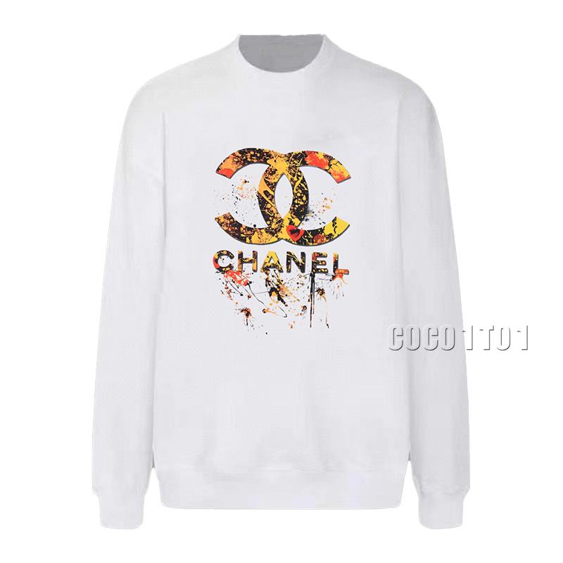 CHANEL Double C Letter Logo Print Crewneck Sweatshirt White