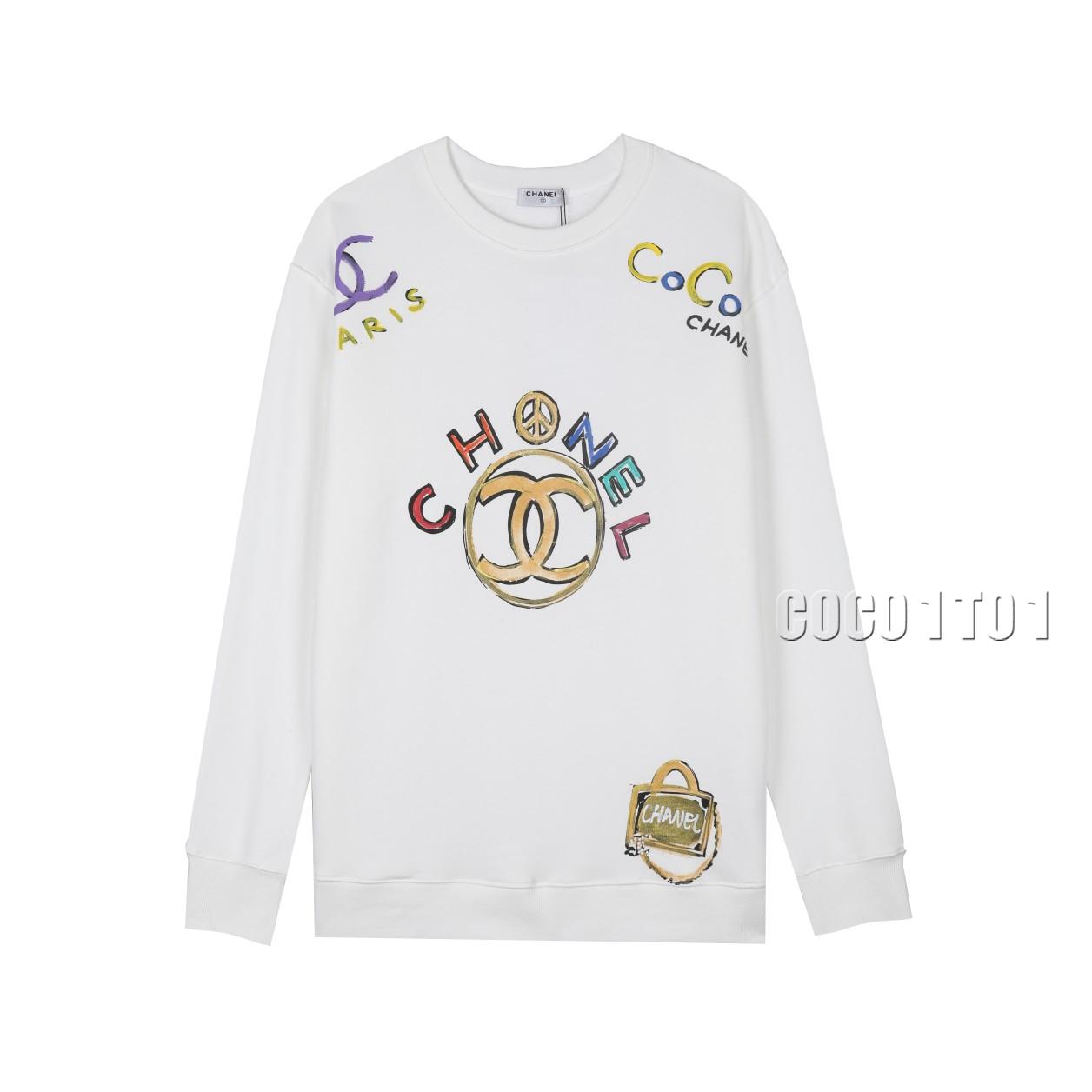 CHANEL Colorful Hand-painted Graffiti Crewneck Sweatshirt White