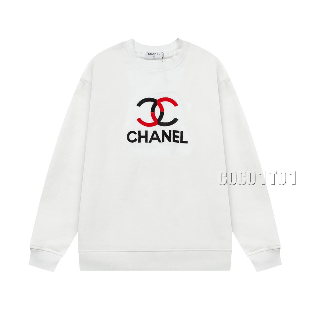 CHANEL Two-color Brush Embroidery Crewneck Sweatshirt White