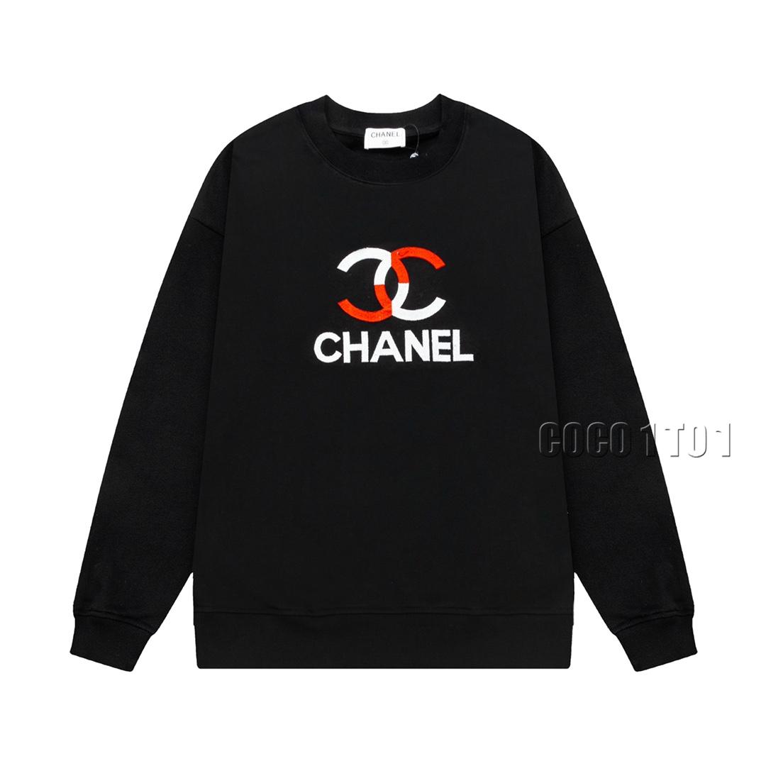 CHANEL Two-color Brush Embroidery Crewneck Sweatshirt Black