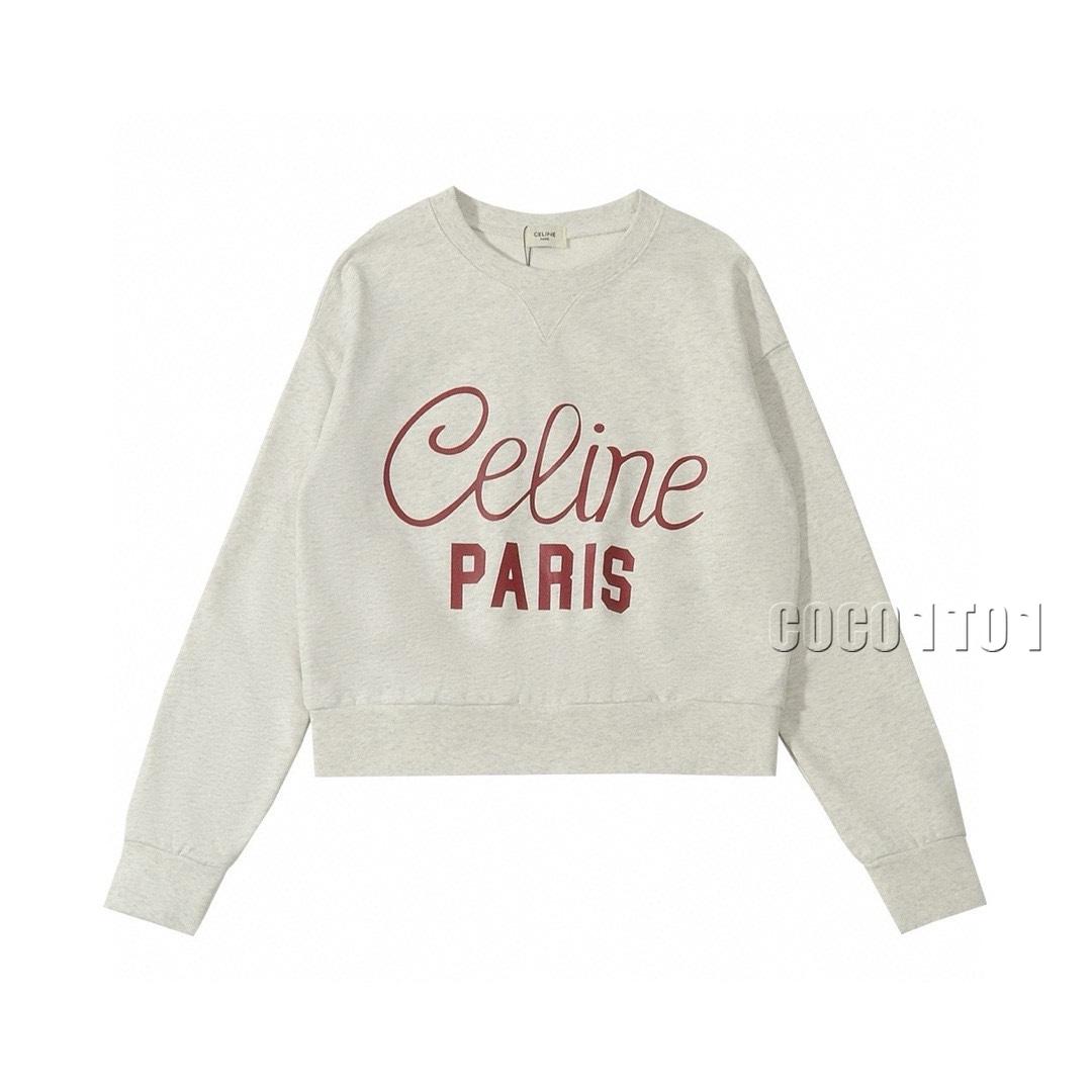 CELINE Script Logo Print Crewneck Sweatshirt in Light Gray Cropped
