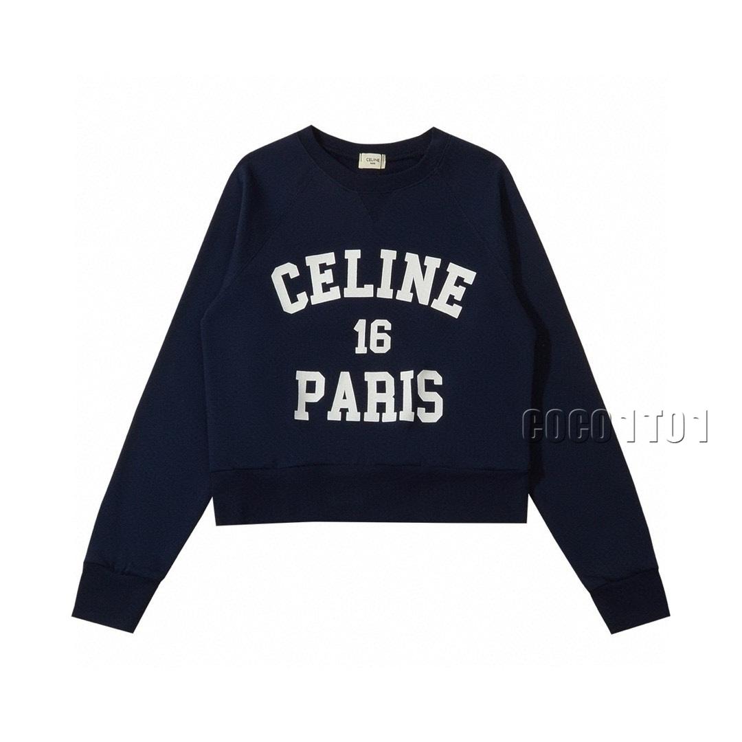 CELINE Navy Blue Logo Print Crewneck Sweatshirt Cropped