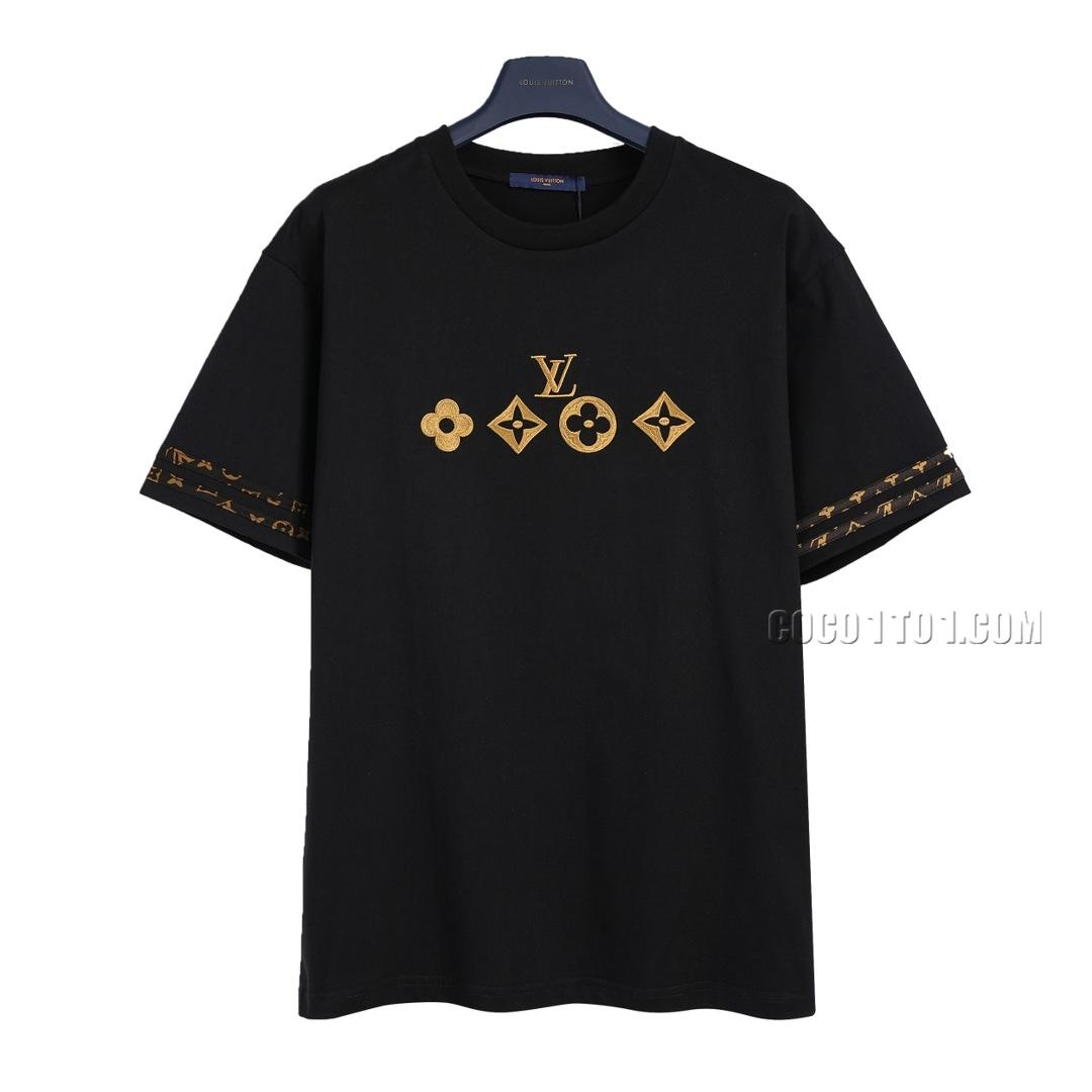 Louis Vuitton four-leaf clover embroidery Monogram canvas ribbon patchwork short-sleeved T-shirt NLOUIS VUITTON42307