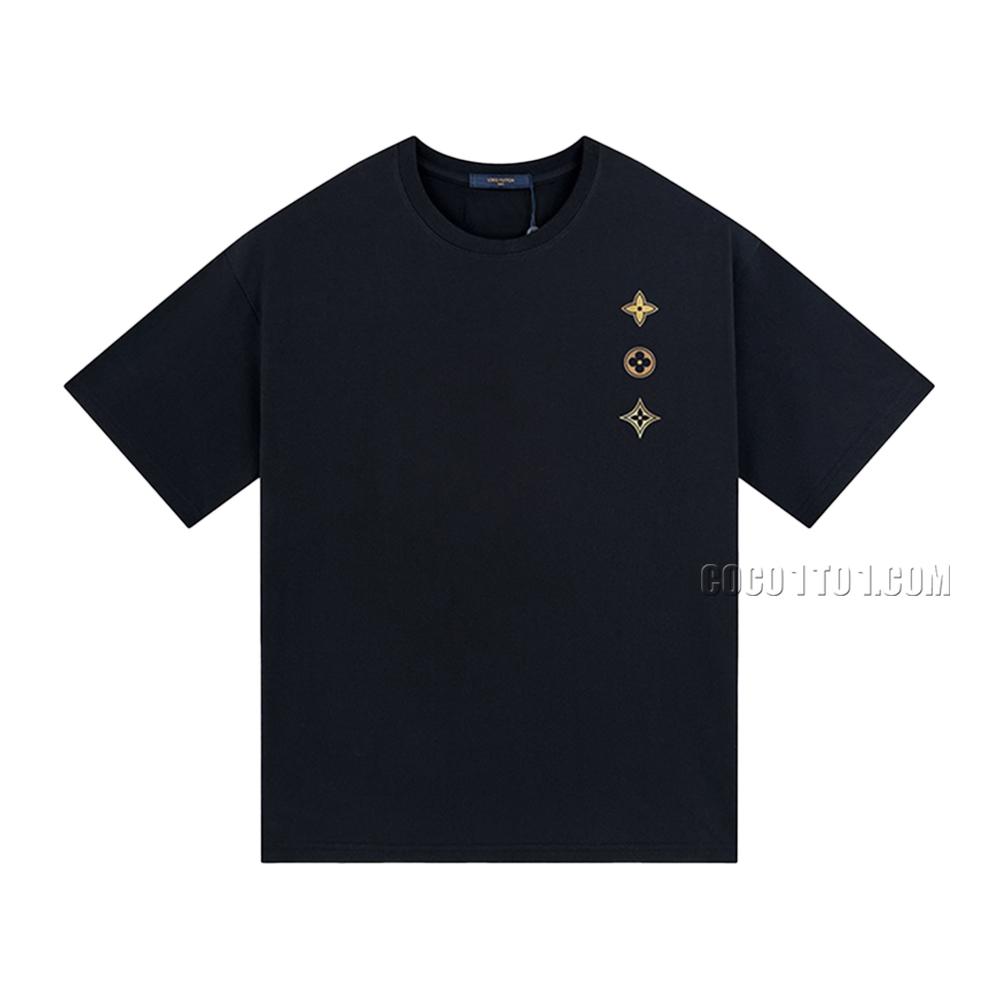 Louis Vuitton Black Gold Three Flowers Logo Spring/Summer Fashion Casual Short-Sleeve T-shirt NLOUIS VUITTON42307