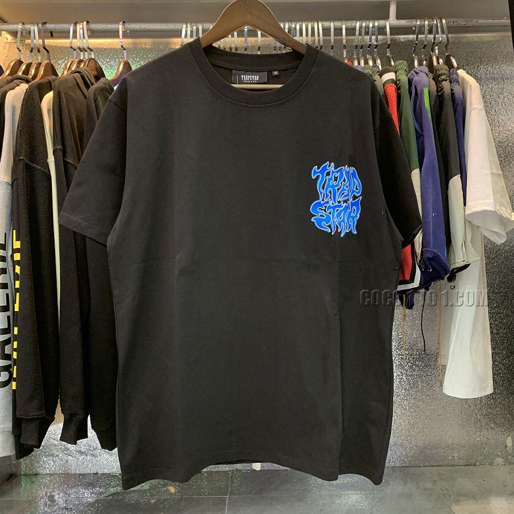Niche brand Trapstar Blue Flame Print High-Quality Double Yarn Pure Cotton Loose Casual Short Sleeve T-Shirt