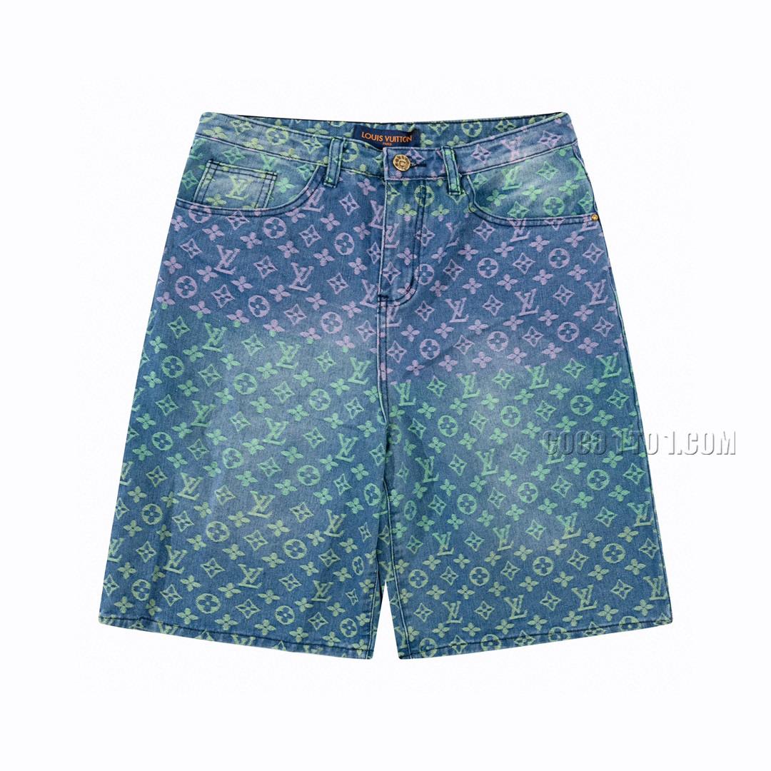 Louis Vuitton Gradient Letter Embroidered Logo Washed Denim Five-Point Shorts
