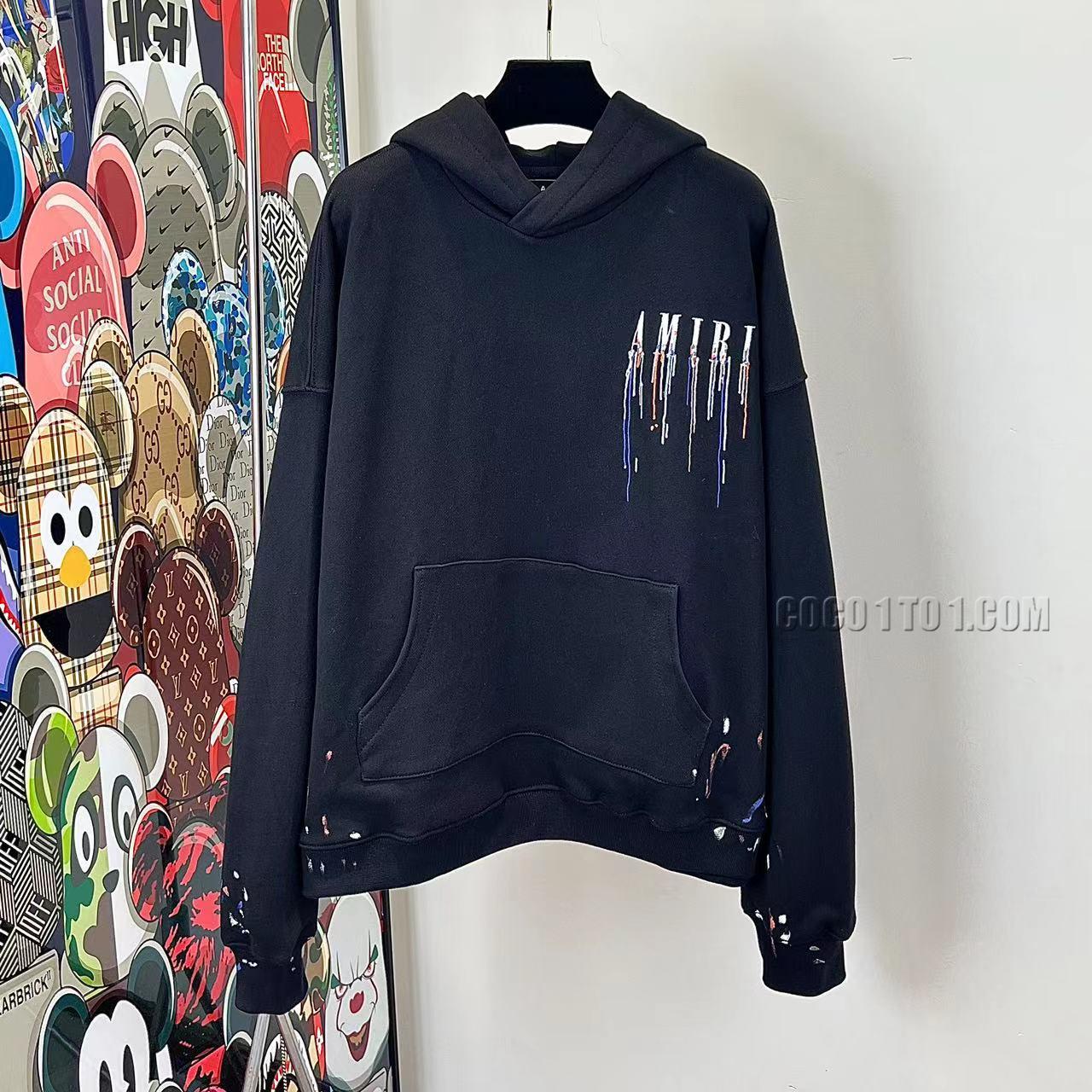 AMIRI Men's Black Paint Splatter Letter Logo Embroidered Hoodie