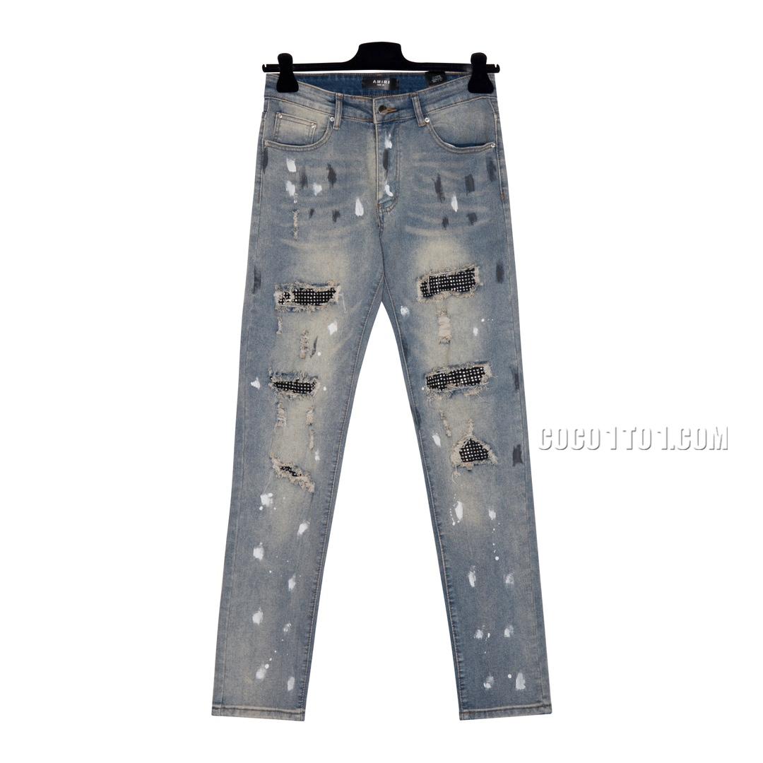 Amiri Ink Splash Stud White Diamond Washed Distressed High Street Slim-fit Jeans N42501