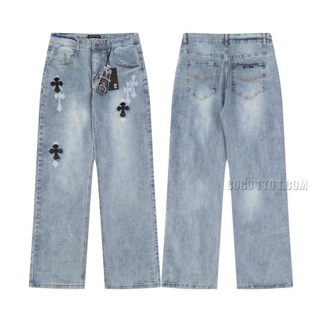 Chrome Hearts Vibe Style Genuine Leather Cross Washed Destroyed Vintage Jeans N42501