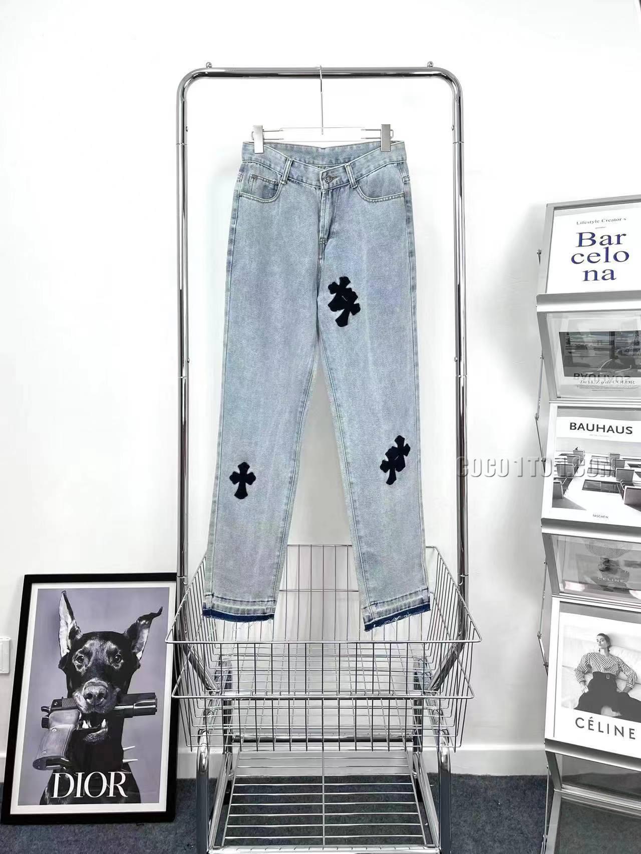 Chrome Hearts Vibe Style Genuine Leather Cross Washed Destroyed Vintage Jeans N42501
