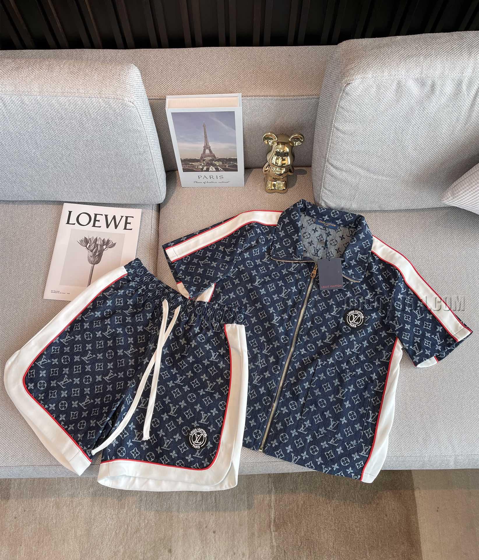 Louis Vuitton Vintage Wash Denim Cotton Vest, Men's Classic Triangle Logo Adorned Denim Set N42503