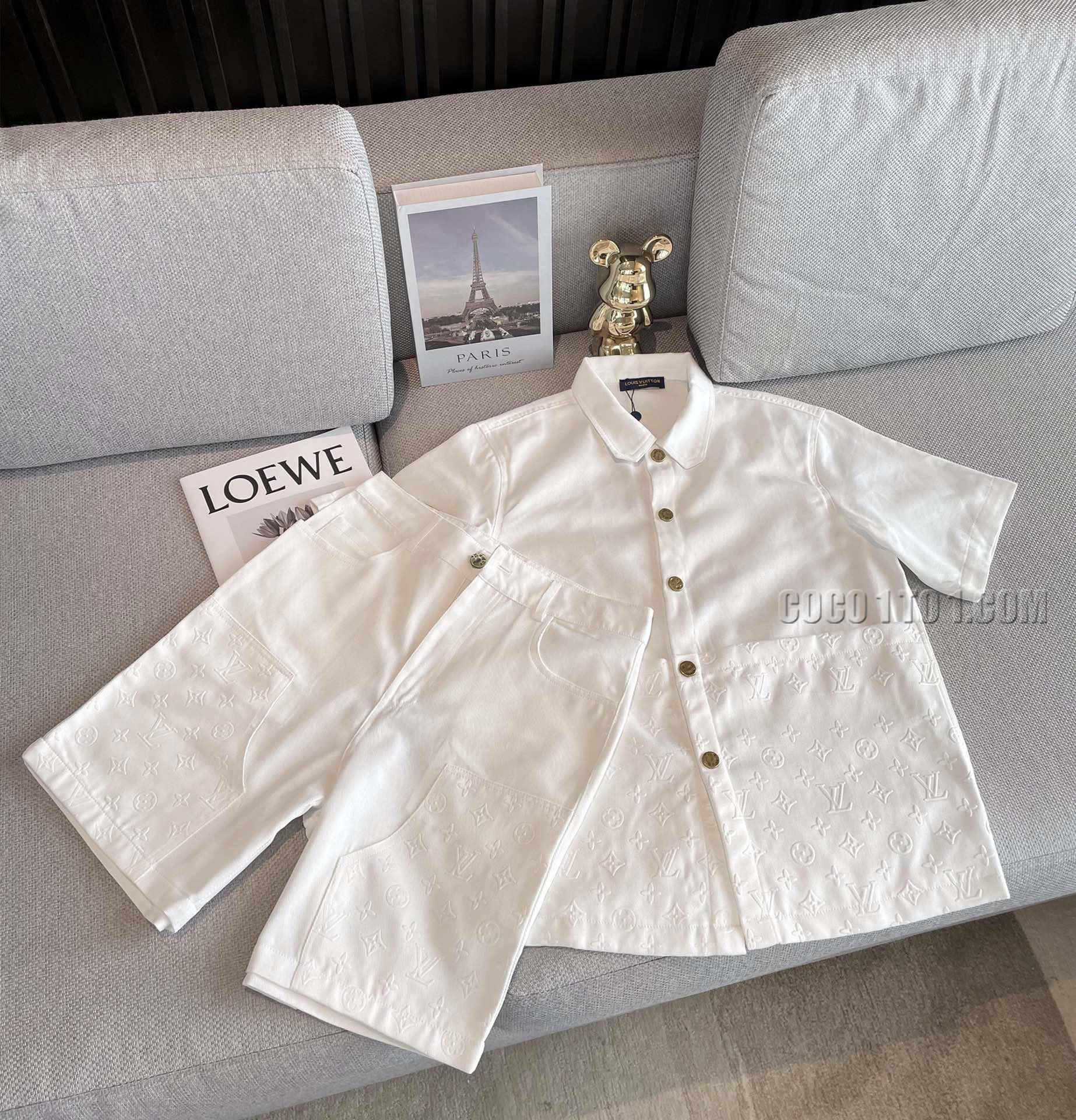 Louis Vuitton Spring/Summer New Chevron Denim Cotton Fashion Lapel Denim Shirt Casual Short Denim Shirt Set N42503