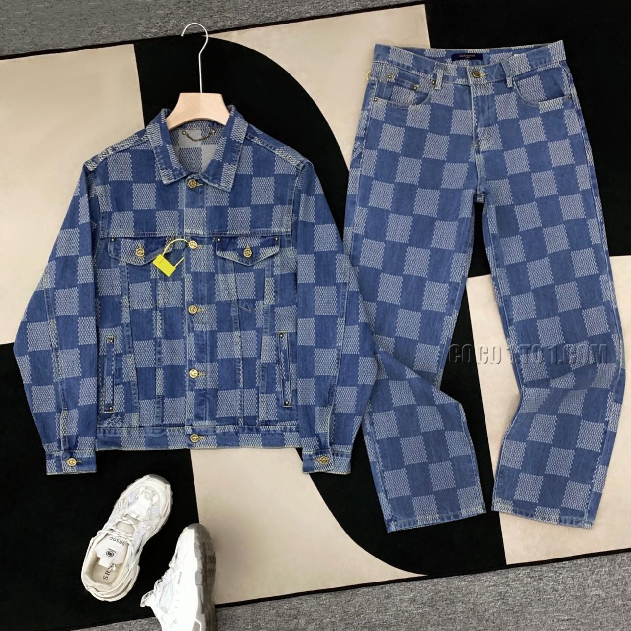 Louis Vuitton Checkerboard Patchwork Washed Blue Denim Jacket and Jeans Set N42503