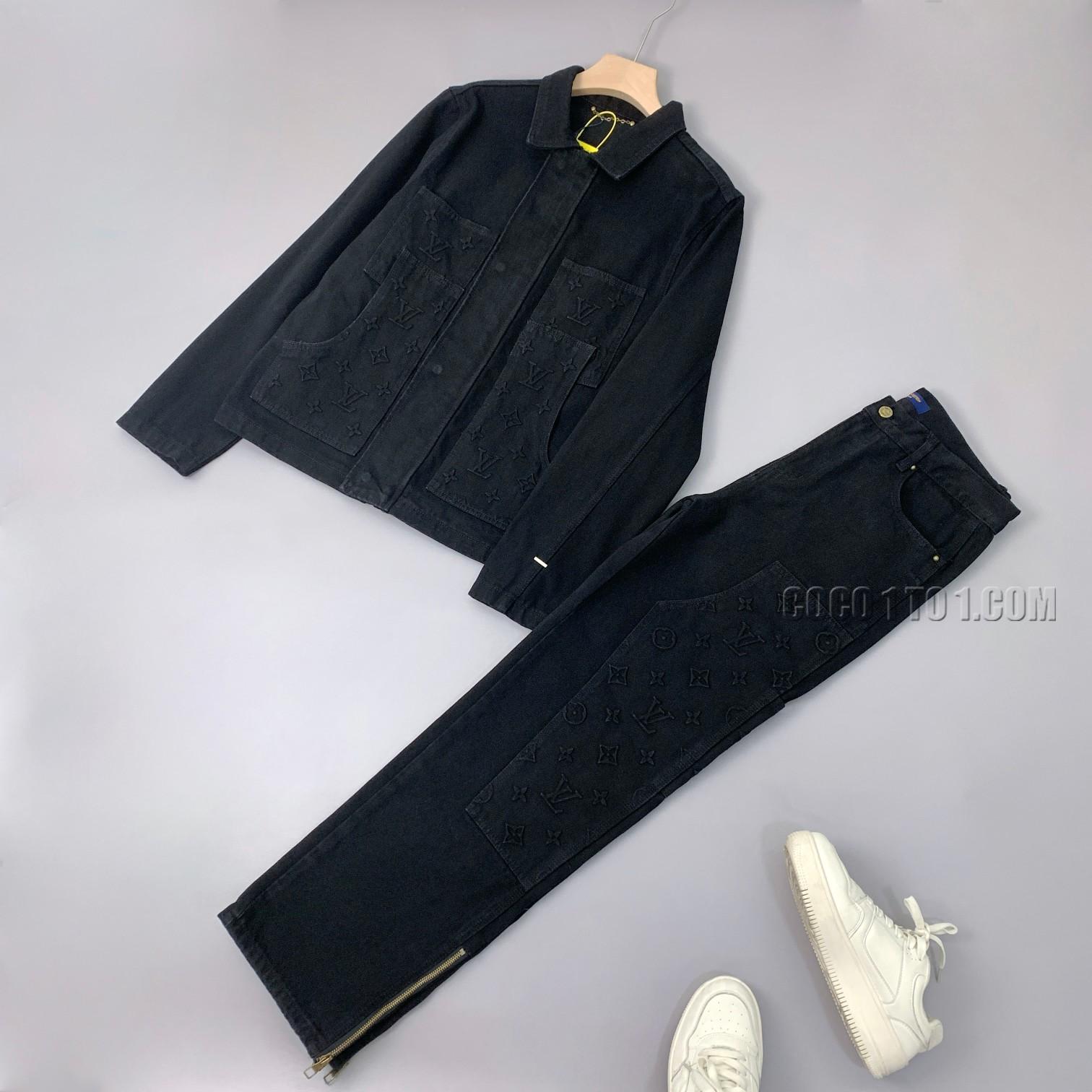 Louis Vuitton 2024 New Men's and Women's Workwear Washed Black Embossed Flower Pocket Denim Jacket Embossed Monogram Logo Jacket Set N42503