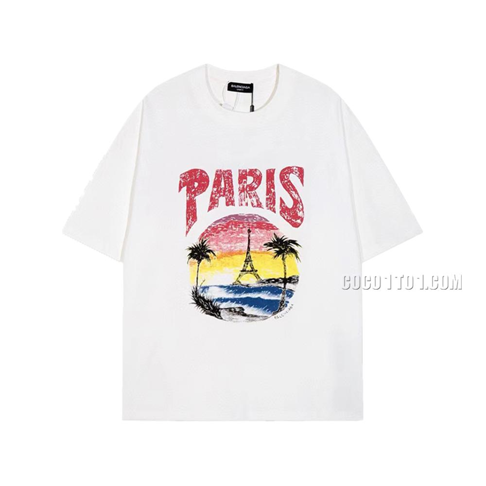 BALENCIAGA Parisian House  Hand-Painted Letter Print Short Sleeve T-Shirt with Hawaiian Palm Trees and Eiffel TowerL