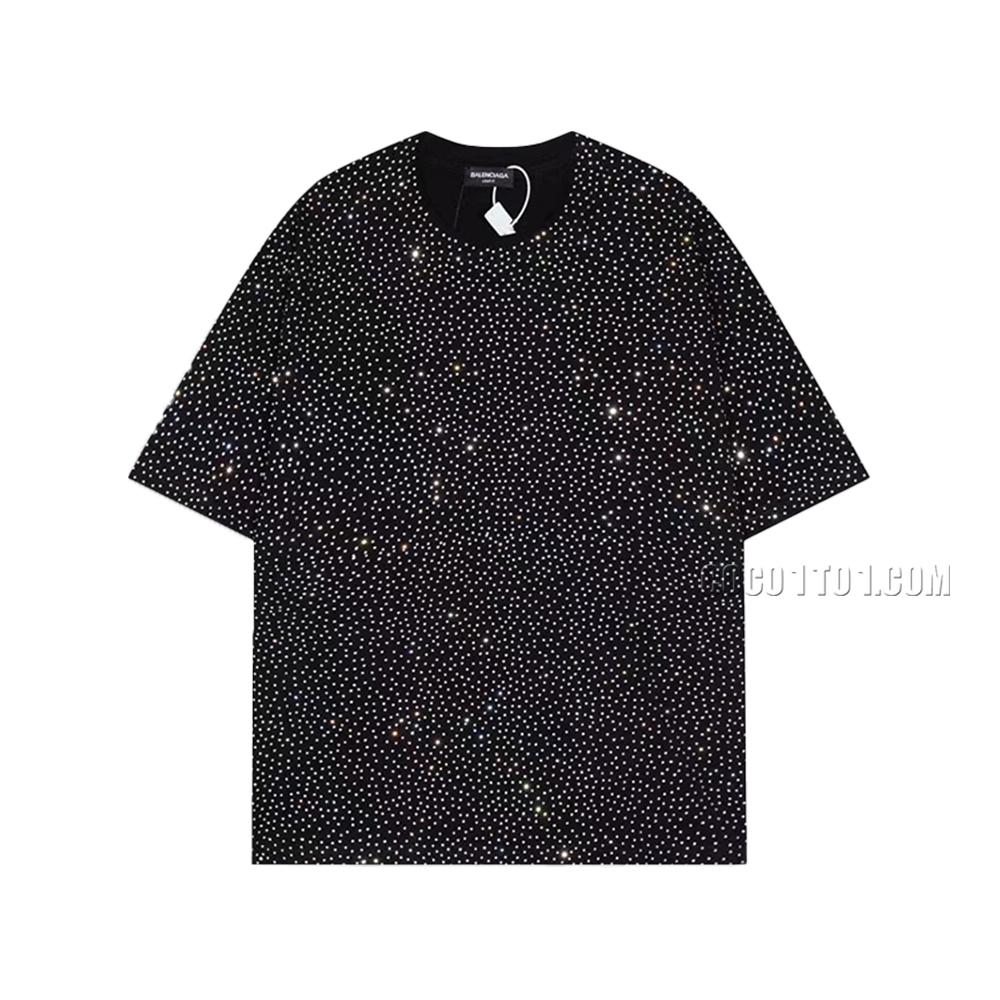 BALENCIAGA Parisian House  Stardust Washed Vintage Sky Full Rhinestone Short Sleeve T-ShirtL