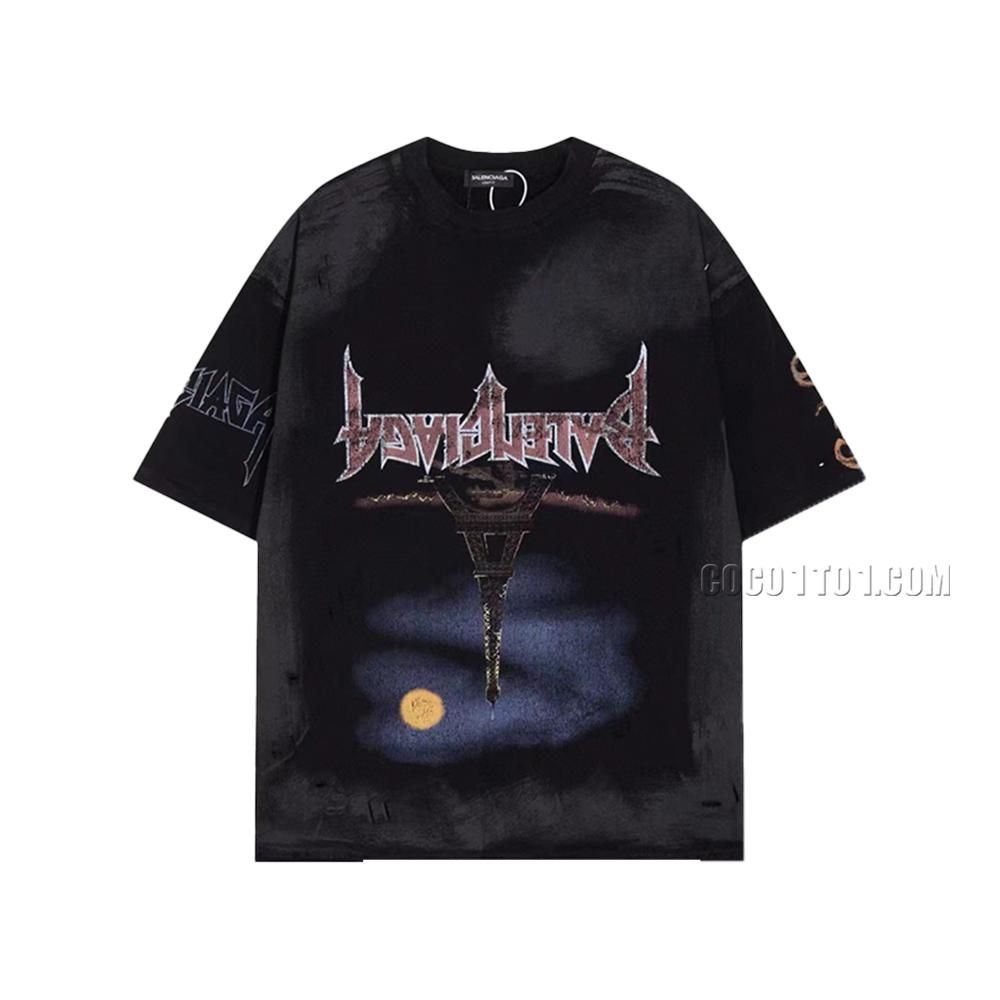BALENCIAGA Parisian House  Upside-Down Eiffel Tower with Inverted Sanskrit Short Sleeve T-ShirtL