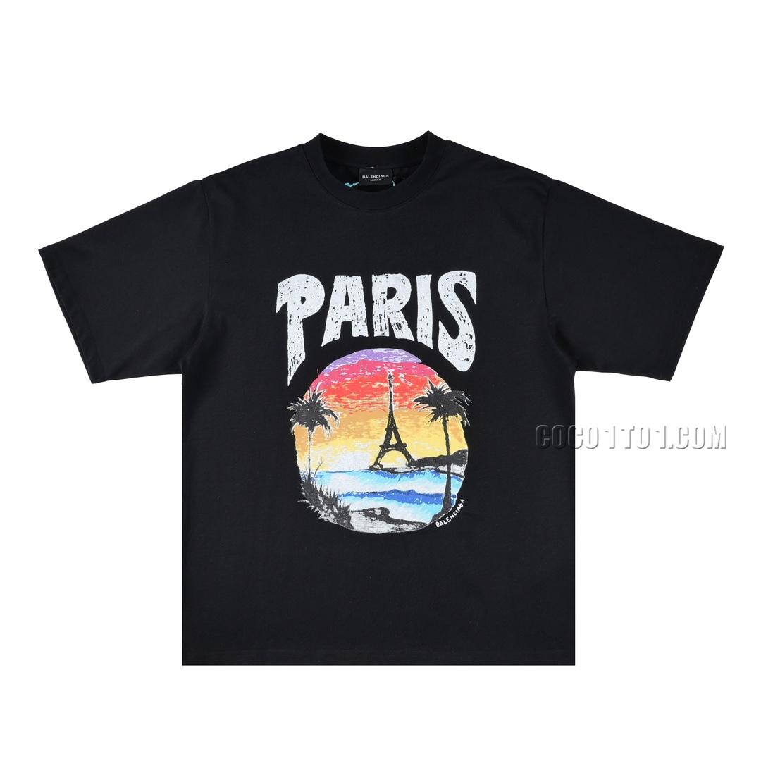 Balenciaga Pink Sunset Eiffel Tower Graffiti Print with Logo Emblem Print