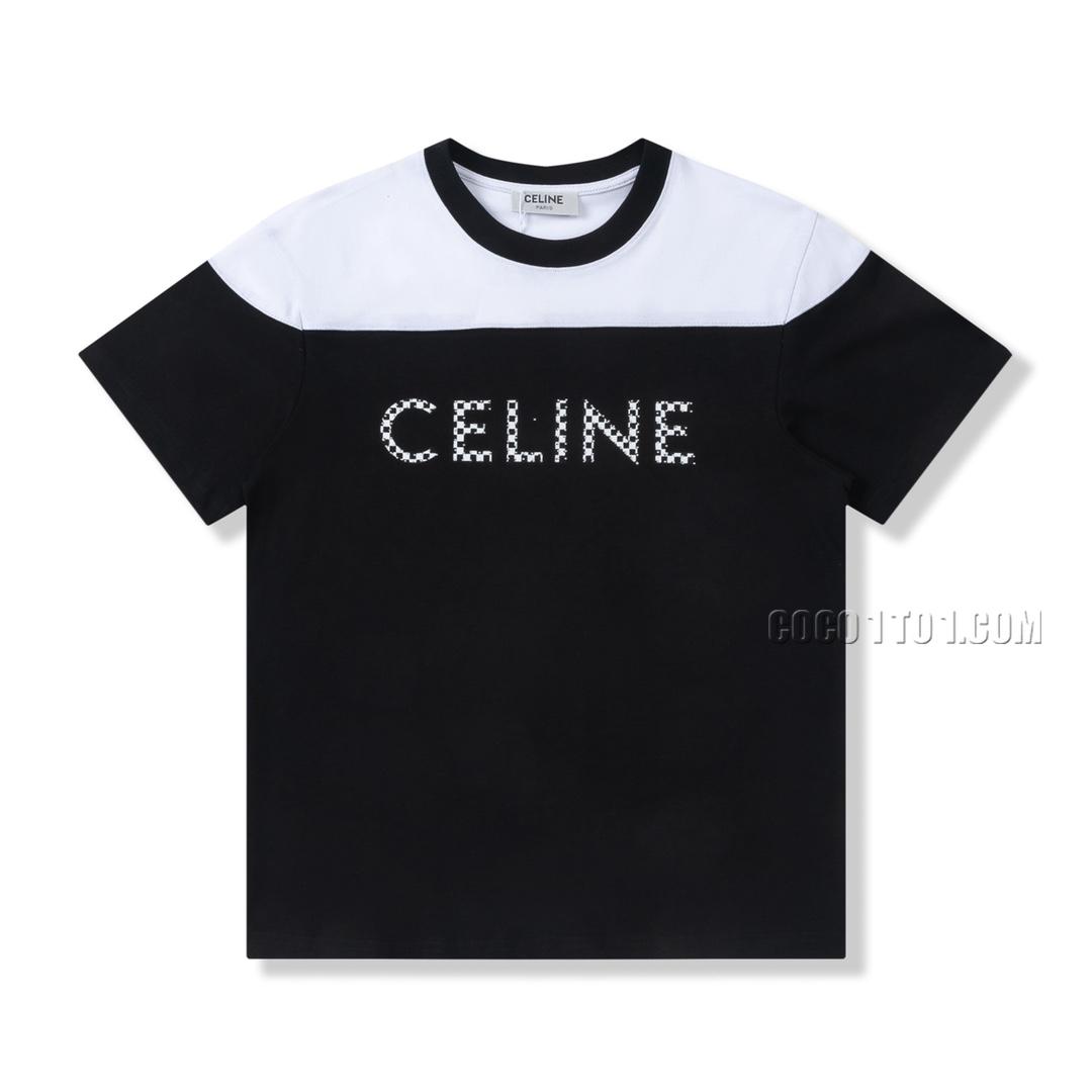 CELINE Classic Letter Print Color Block Basic Short Sleeve T-Shirt, Clean and Fresh Short Sleeve T-Shirt with CELINE's Style