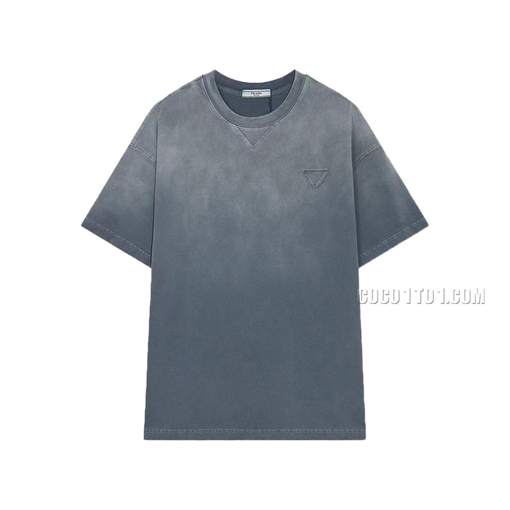 High-end Version PRADA 2024 Spring/Summer New Triangle Horseplay Washed Short Sleeve T-Shirt