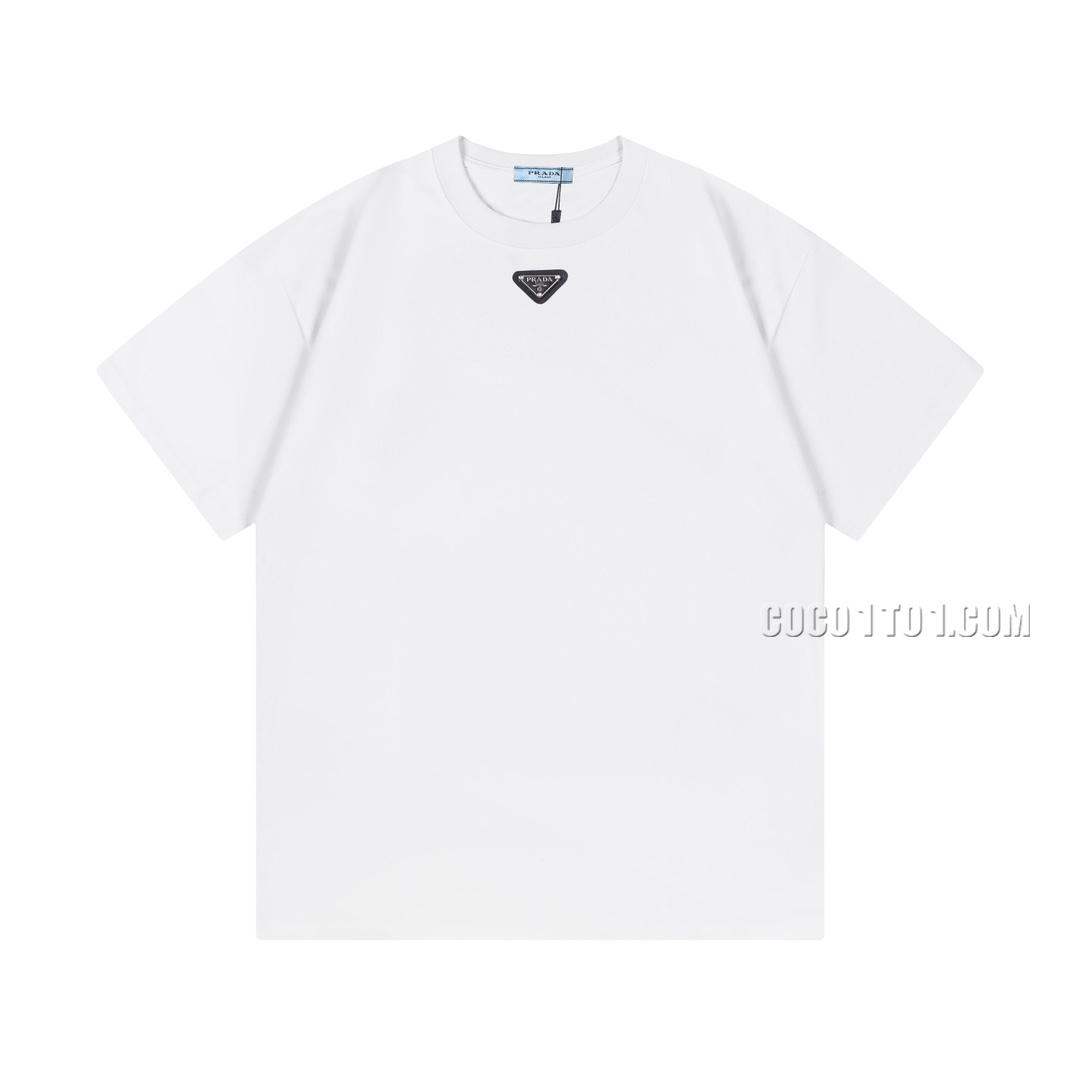 PRADA 2024 New Customized Triangle Leather Logo Short Sleeve T-Shirt with 100% Cotton Double Yarn Fabric