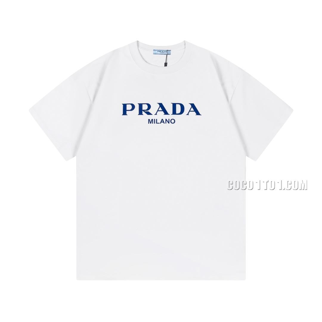PRADA* 2024 New Cotton Double Yarn Fabric Flocked Foam Letter Logo Short Sleeve T-Shirt