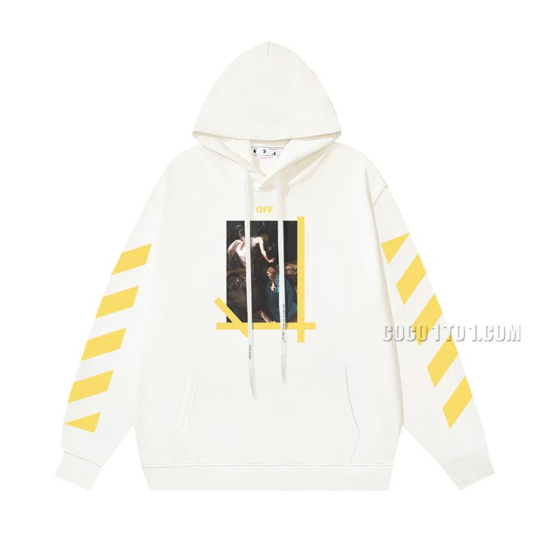 Off-White Pure Cotton Loop Heavyweight Angel Caravaggio Diagonal Stripe Arrow Print Hoodie