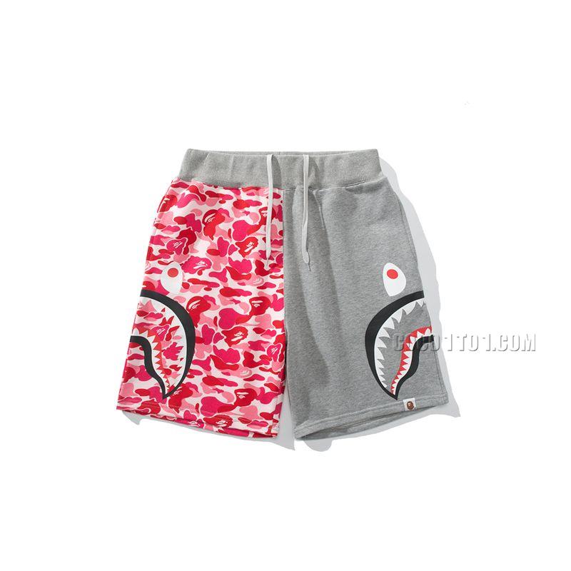 Bape Brand Side Shark Head Camouflage Color Block Shorts