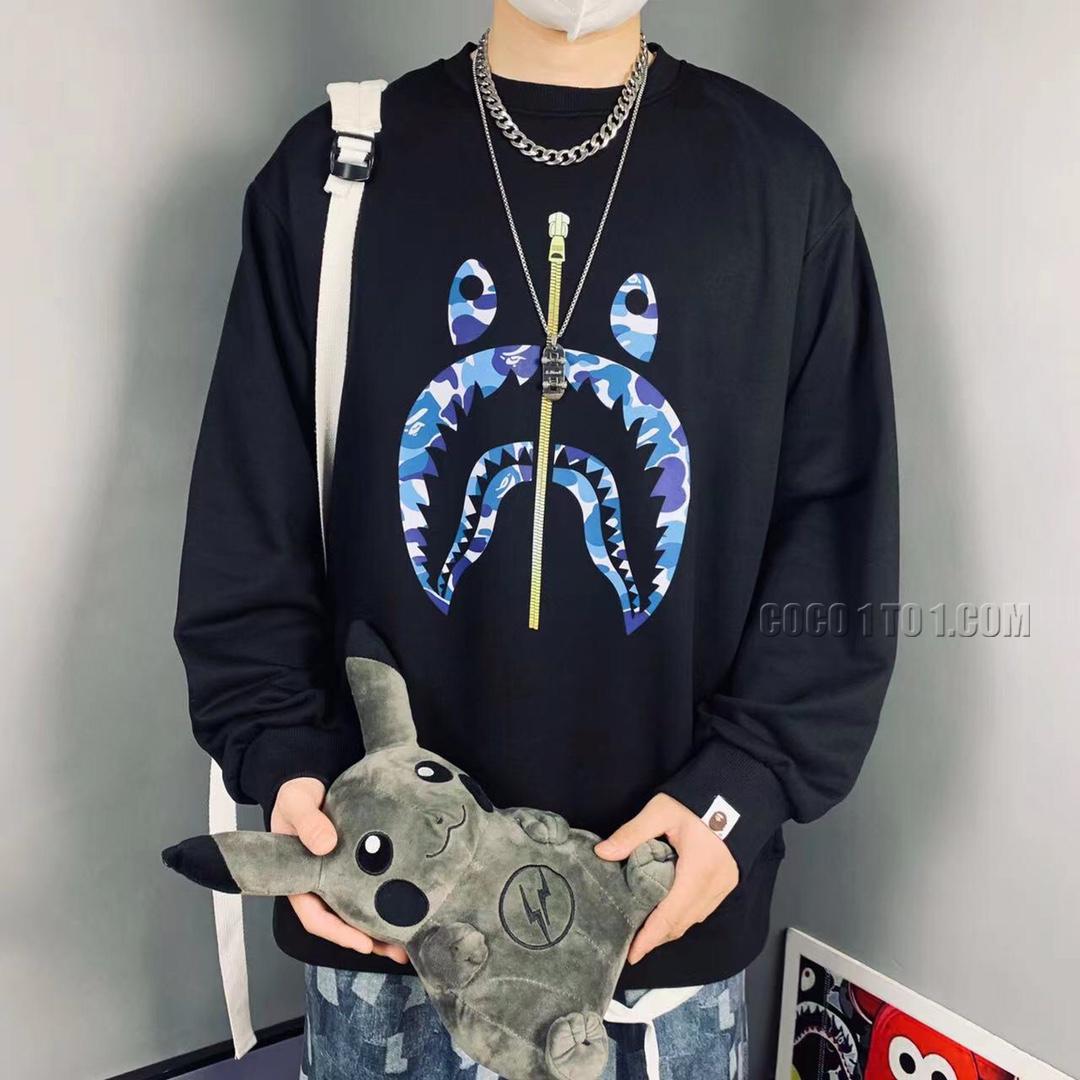 Bape Camouflage Shark Head Printed Loop Knit Round Neck Sweatshirt