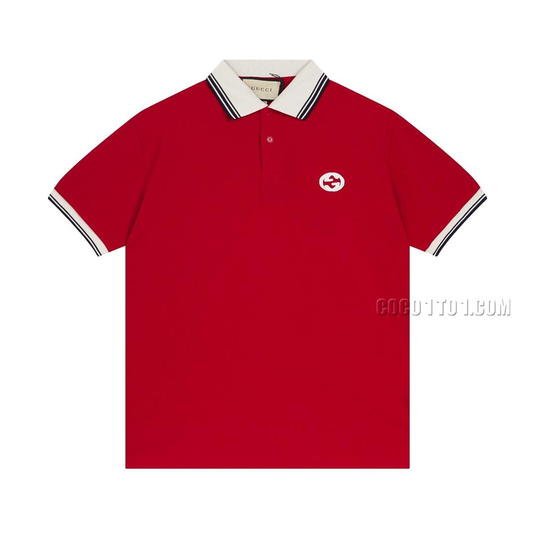 Gucci Red Elastic Pearl Cotton Circular Interlocking Double G Embroidered Patch Decor Polo Collar Short Sleeve N051401