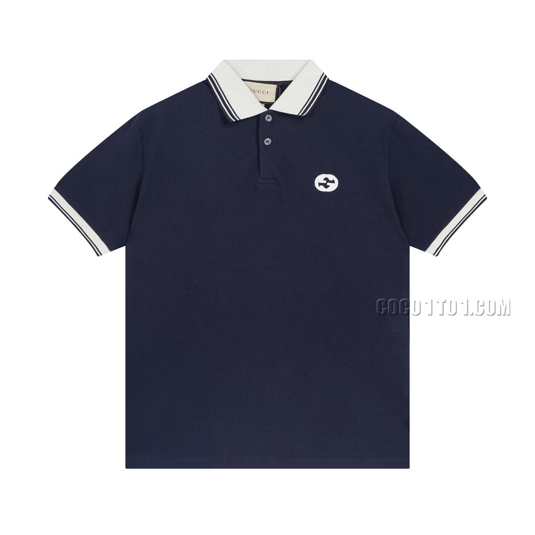 Gucci Dark Blue Elastic Pearl Cotton Circular Interlocking Double G Embroidered Patch Decor Polo Collar Short Sleeve N051401
